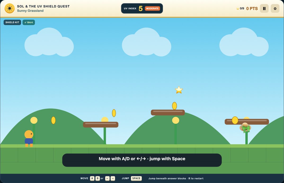 Игра в процессе: Сол на травяной платформе, УФ-индекс в верхней панели, впереди монеты и солнечные звёзды.